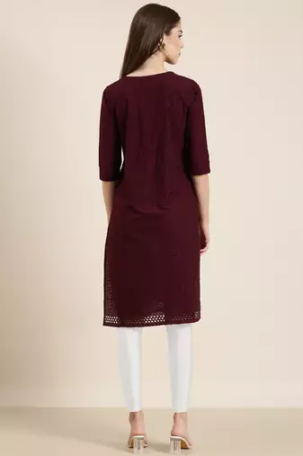 Showoff women's calf length round neck burgundy embellished straight kurta