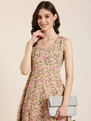 women's ankle length round neck green floral anarkali kurta 1