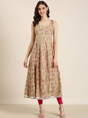 women's ankle length round neck green floral anarkali kurta 2