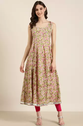 women's ankle length round neck green floral anarkali kurta
