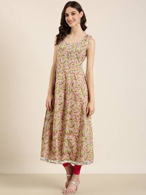 women's ankle length round neck green floral anarkali kurta 4