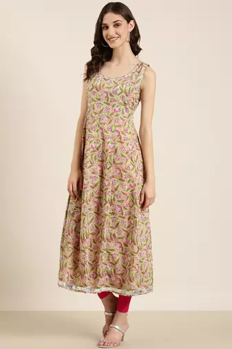 women's ankle length round neck green floral anarkali kurta