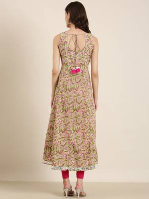 women's ankle length round neck green floral anarkali kurta 5