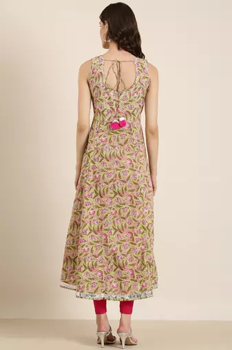 women's ankle length round neck green floral anarkali kurta