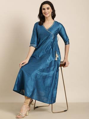 women's ankle length v-neck blue solid anarkali kurta 1