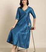 women's ankle length v-neck blue solid anarkali kurta