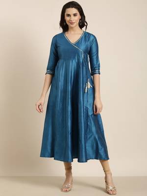 women's ankle length v-neck blue solid anarkali kurta 2