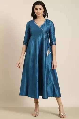 women's ankle length v-neck blue solid anarkali kurta