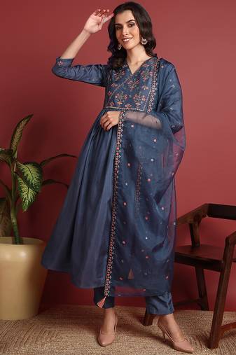 women blue silk blend solid embroidered a-line kurta trouser and dupatta