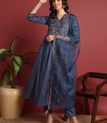 women blue silk blend solid embroidered a-line kurta trouser and dupatta