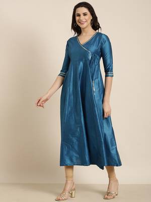 women's ankle length v-neck blue solid anarkali kurta 3