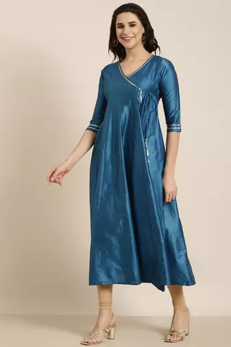 women's ankle length v-neck blue solid anarkali kurta