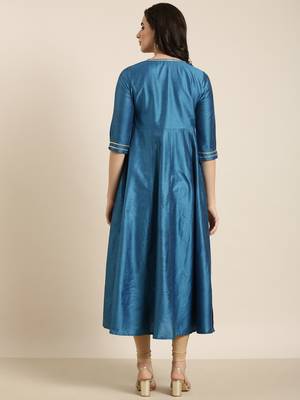 women's ankle length v-neck blue solid anarkali kurta 4
