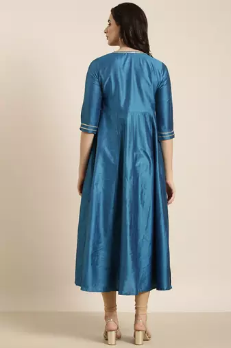women's ankle length v-neck blue solid anarkali kurta