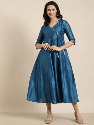 women's ankle length v-neck blue solid anarkali kurta 5