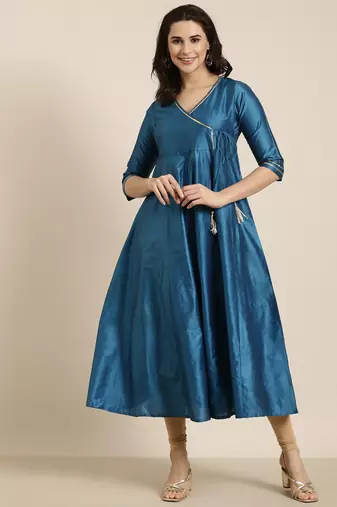 women's ankle length v-neck blue solid anarkali kurta