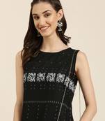 women's knee length round neck black floral straight kurta