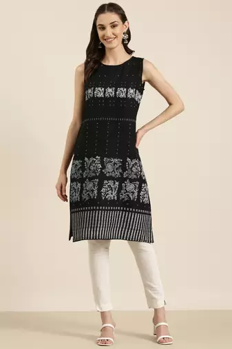 women's knee length round neck black floral straight kurta