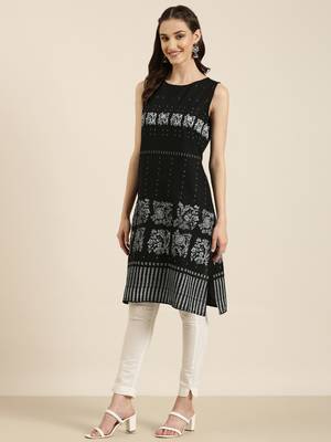 women's knee length round neck black floral straight kurta 4