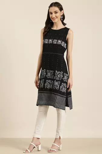 women's knee length round neck black floral straight kurta
