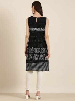 women's knee length round neck black floral straight kurta 5