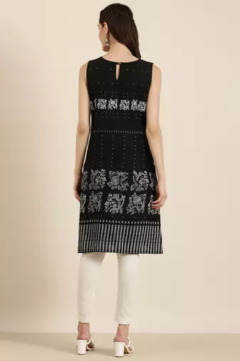 women's knee length round neck black floral straight kurta