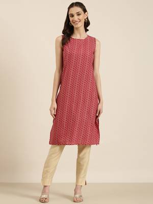women's knee length round neck fuchsia chevron straight kurta 2