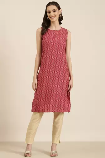 women's knee length round neck fuchsia chevron straight kurta