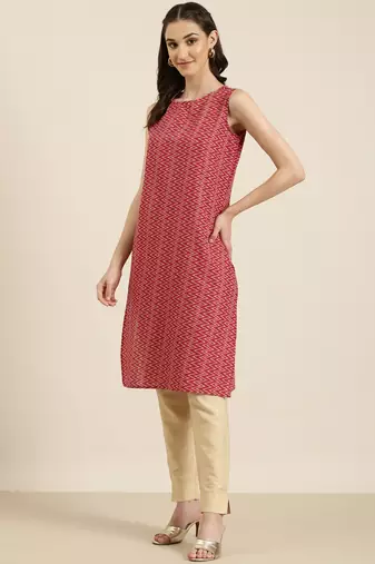 women's knee length round neck fuchsia chevron straight kurta