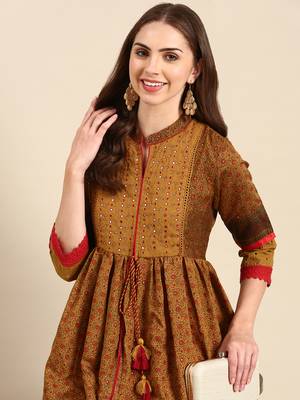 women's calf length mandarin collar camel brown floral anarkali kurta 1
