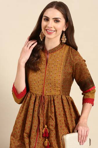 women's calf length mandarin collar camel brown floral anarkali kurta
