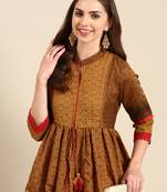 women's calf length mandarin collar camel brown floral anarkali kurta
