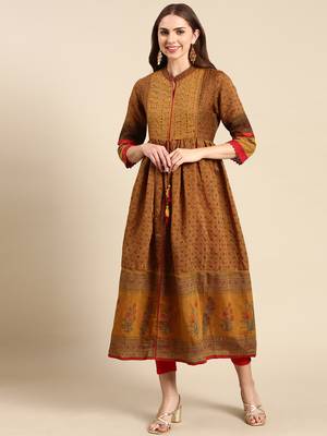 women's calf length mandarin collar camel brown floral anarkali kurta 2