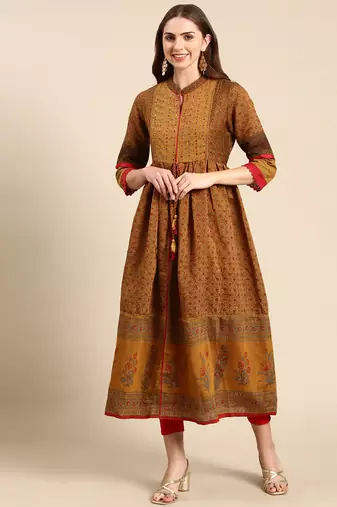 women's calf length mandarin collar camel brown floral anarkali kurta