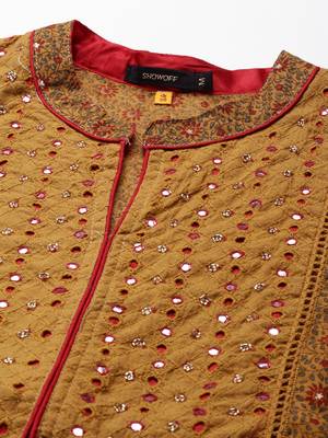 women's calf length mandarin collar camel brown floral anarkali kurta 3