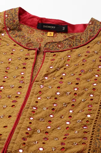 women's calf length mandarin collar camel brown floral anarkali kurta