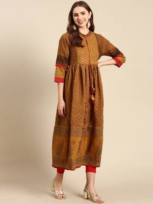women's calf length mandarin collar camel brown floral anarkali kurta 5