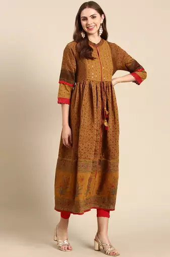 women's calf length mandarin collar camel brown floral anarkali kurta