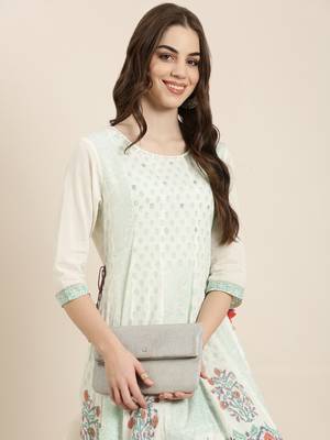 women's ankle length round neck cream floral anarkali kurta 1