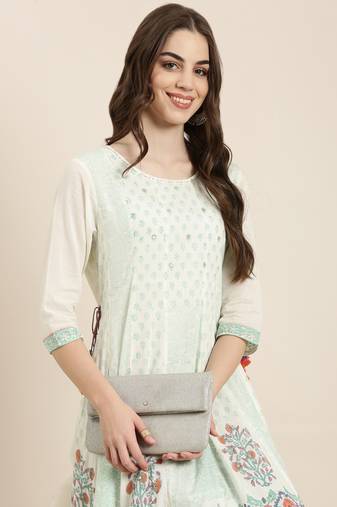 women's ankle length round neck cream floral anarkali kurta