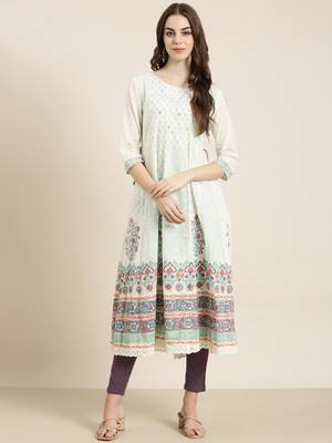 women's ankle length round neck cream floral anarkali kurta 2