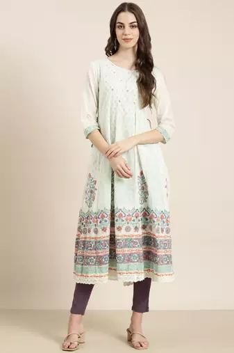 women's ankle length round neck cream floral anarkali kurta