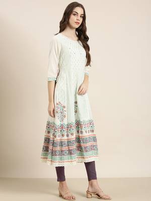 women's ankle length round neck cream floral anarkali kurta 3
