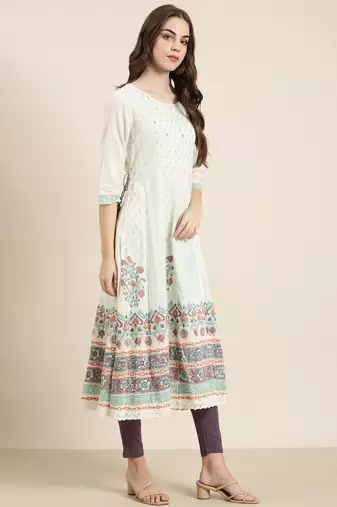 women's ankle length round neck cream floral anarkali kurta
