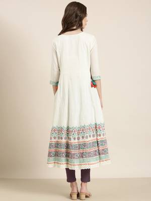 women's ankle length round neck cream floral anarkali kurta 4