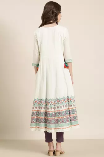 women's ankle length round neck cream floral anarkali kurta