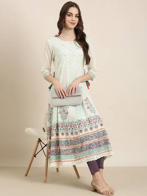 women's ankle length round neck cream floral anarkali kurta 5