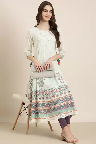 women's ankle length round neck cream floral anarkali kurta