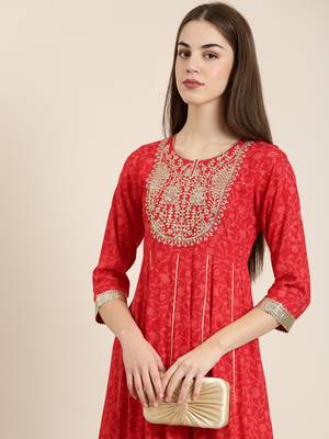 women's ankle length round neck red floral anarkali kurta 1