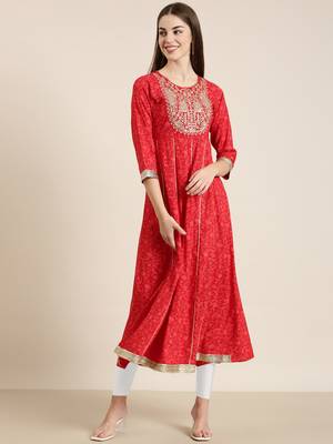 women's ankle length round neck red floral anarkali kurta 2